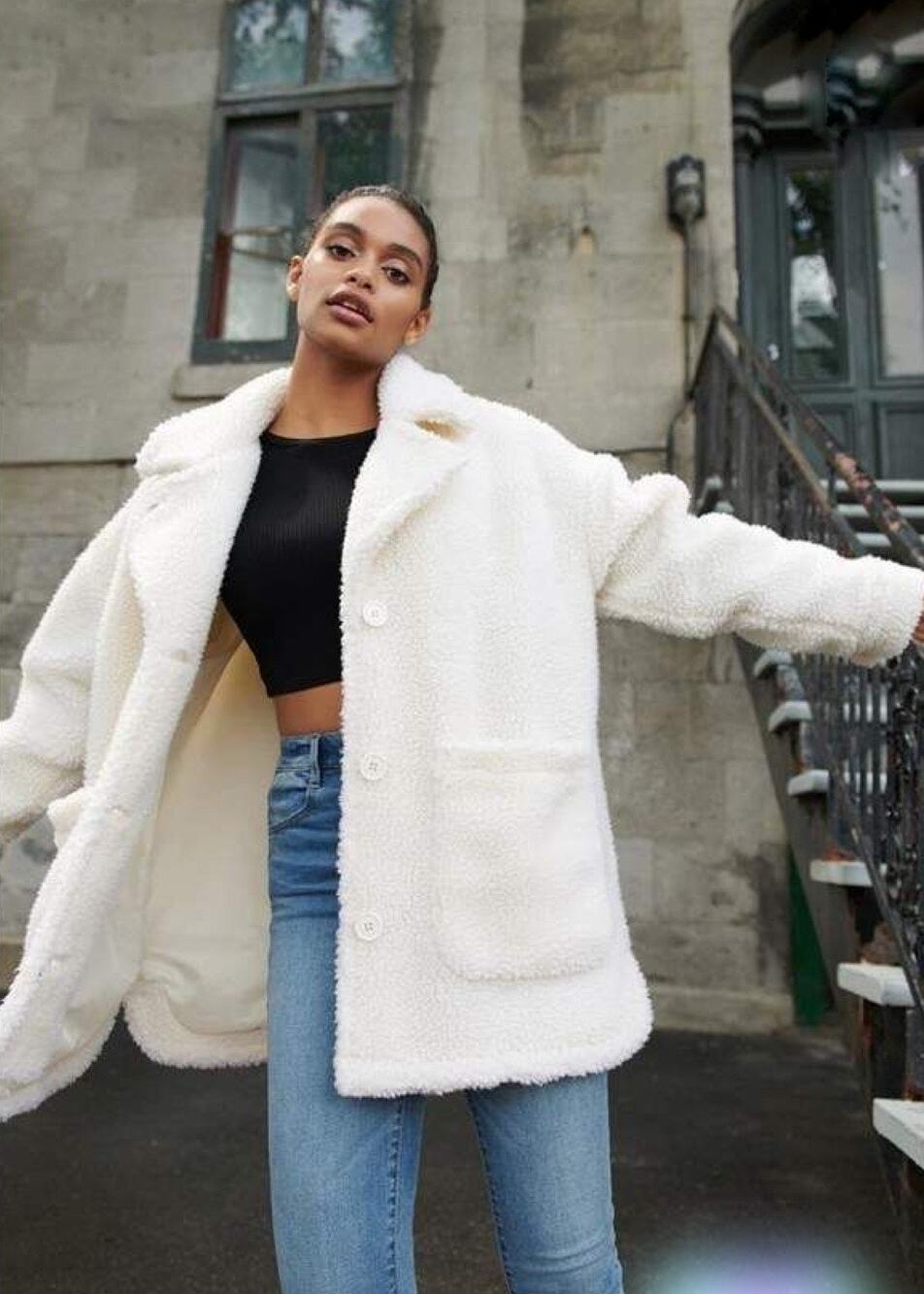 Garage Teddy Coat Cream Faux Sherpa Fleece Pea Coat Women’s Size M / L Cozycore